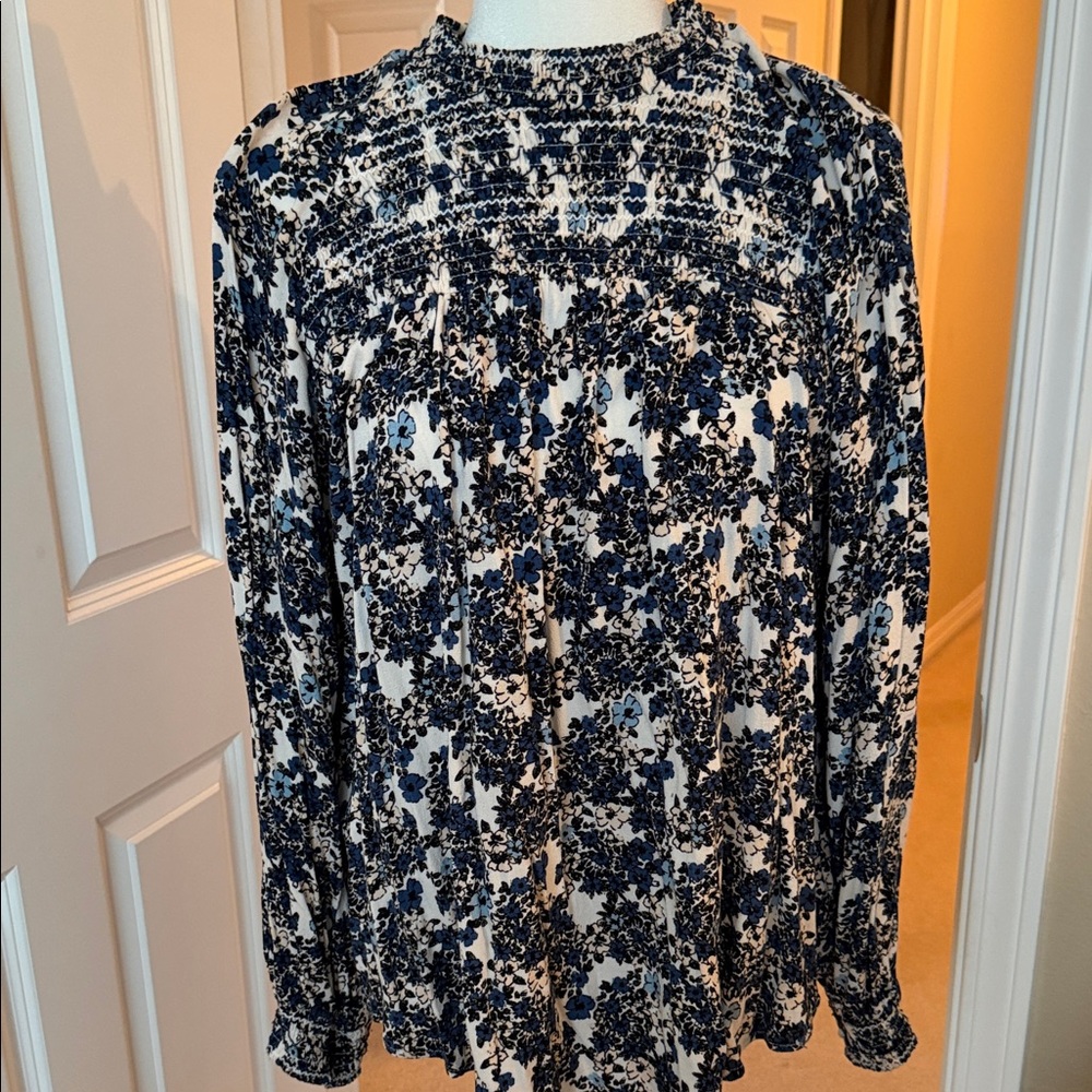 Free People Floral Smocked High-Neck Blouse - Blue/White
